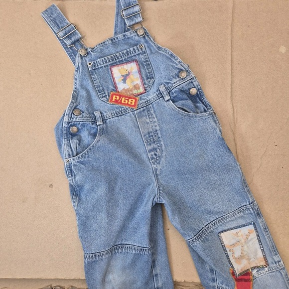 Vintage 90s Disney Winnie The Pooh Denim Overalls Kids 4T Patchwork Tigger - Picture 1 of 13